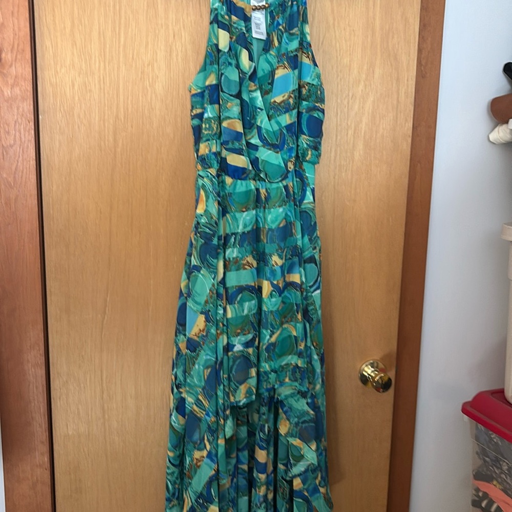 Mark. High low dress abstract sleeveless blouse ruffle sz lg